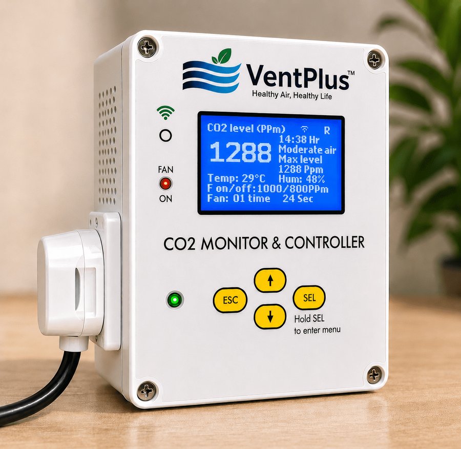 VentPlus CO₂ monitor and controller main unit, showing live CO₂ in ppm, temperature, humidity and fan thresholds on its display