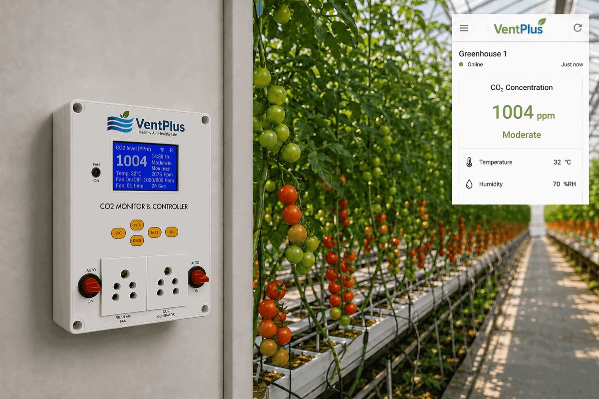 VentPlus CO₂ monitor and controller in a greenhouse — live CO₂ reading shown on the unit and on the remote dashboard beside a row of tomato plants
