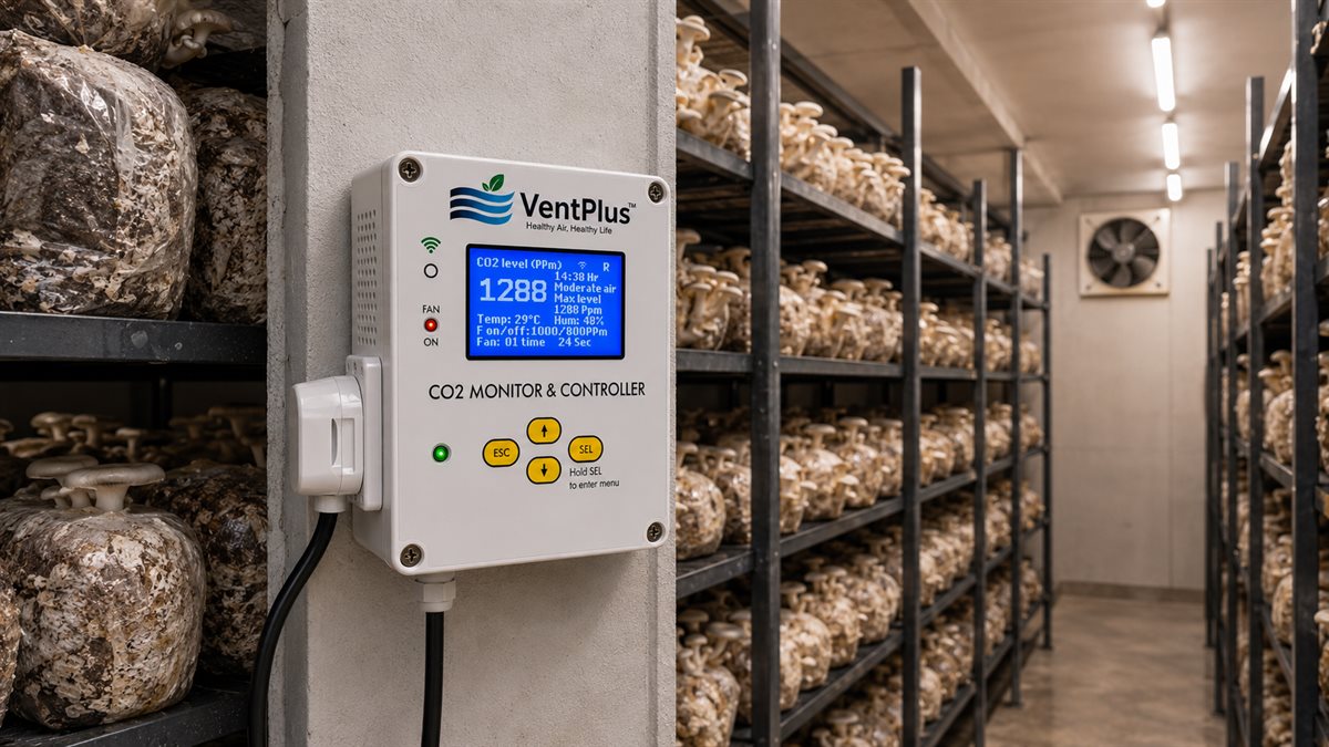 VentPlus CO₂ controller mounted on a pillar between mushroom growing racks, with the exhaust fan on the far wall