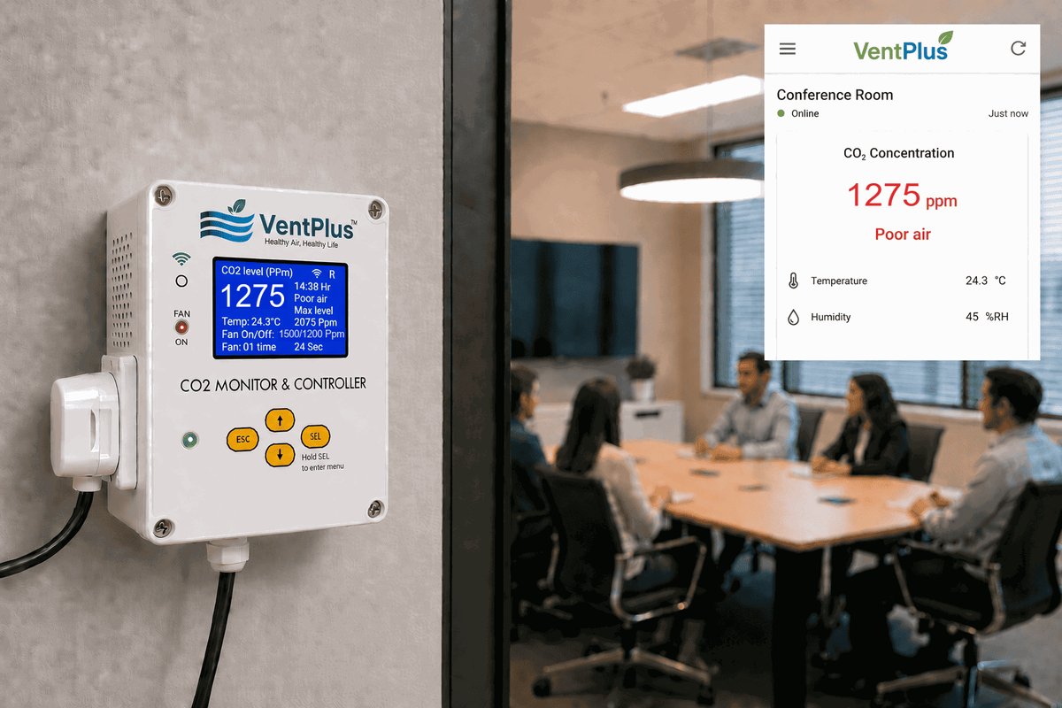 VentPlus CO₂ monitor and controller installed in an office, showing the live CO₂ reading on the unit and on the remote dashboard